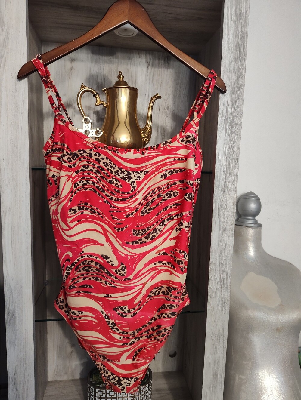 Gottex Blue Red & Cream Swirl Leopard-Print Swimsuit SZ 14, As Is!